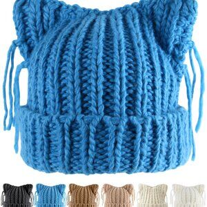 Chunky Knit Cat Ear Beanie with Tassels - Warm Winter Hat for Women